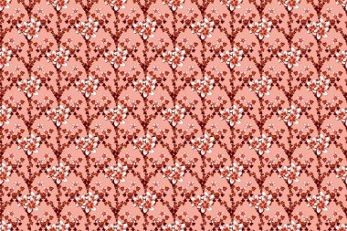 Dekoratif yaz tesisatçısı çiçekleri ile kusursuz desen mor, kırmızı ve pembe renkler, suluboya raster çizimi.