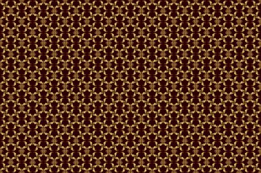 Raster tasarım için dekoratif elementler. Geleneksel çiçek dekoru. Davetiyeler, tebrik kartları, ambalajlar için süs desenleri. Kahverengi bir arka planda dekoratif altın pürüzsüz desen.
