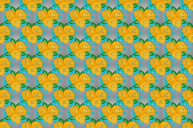 Gül çiçekleri, yeşil yapraklar, dekoratif elementler, sıçrama, lekeler ve mavi, sarı ve gri renkte damlalar. Karalama çizim biçimi, el çizimi illüstrasyon.