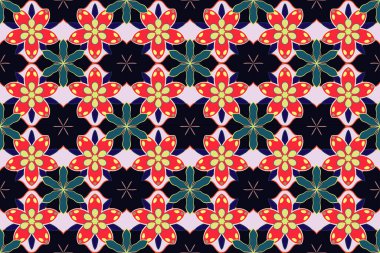 Raster illüstrasyonu. Damask, mavi, siyah ve kırmızı renklerle kusursuz çiçek deseni.