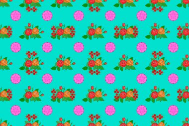 Mavili, pembe ve yeşil renkli moda baskı. Enfes bir desen, çiçekli suluboya bir eskiz, klasik tarzda. Çiçeklerle suluboya kusursuz desen. Dekorasyon ve tasarım için güzel desen.