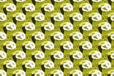 Haşhaş çiçekleriyle optik yanılsama. Raster çizimi iç tasarım, baskı, web ve tekstil tasarımı için iyidir. Sarı, yeşil ve bej renkli çiçeklerin kusursuz dokusu..
