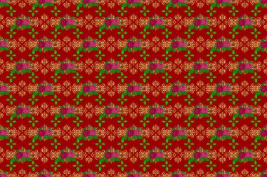 Kumaş, tekstil ve ambalaj kağıtları için dekoratif süs. Kırmızı arka planda çiçek duvar kâğıdı. Gül çiçekleri ve yeşil yapraklı çizgili, pürüzsüz desen. Geleneksel doğulu kusursuz desen.