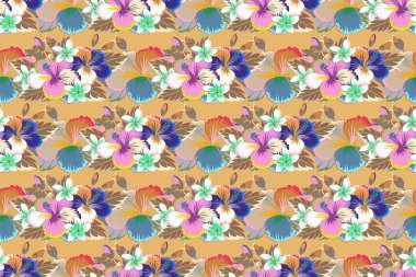 Raster illüstrasyonu. Bej ve mavi renklerde sulu boya buketi olan romantik, pürüzsüz desenler. Geçmiş, tekstil, ambalaj kağıtları, tebrik kartları için..