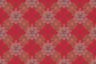 Raster illüstrasyonu. Damask deseni yeşil, sarı ve mavi renklerde..