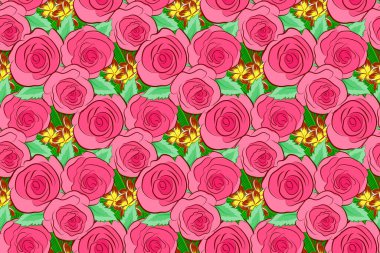 Eski tarz gül çiçekleri olan zarif bir desen. Büyük gül çiçekleri ve yeşil yapraklı pembe, kırmızı ve sarı renkli moda baskılar. Dekorasyon veya tasarım için güzel raster pürüzsüz desen.