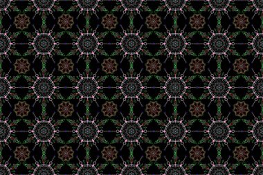 Çiçekli ve Mandala elementli zarif, pürüzsüz bir desen. Güzel yeşil, kırmızı ve mavi el yapımı, dikişsiz raster çizimi..