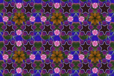Yeşil, mor ve kahverengi renkli çiçek motifleri olan soyut zerafet deseni. Raster illüstrasyonu.