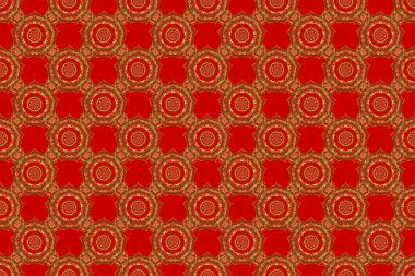 Altın elementli geometrik süs. Soyut geometrik çizim. Altın doku. Kusursuz geometrik desen. Kırmızı arkaplanda altın gradyanı olan pürüzsüz raster deseni.
