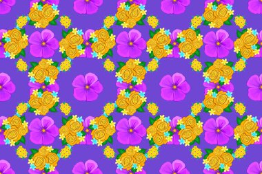 Kozmos çiçekleri ve yaprakları yeşil, mor ve sarı renklerde..