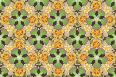 Duvar kağıdı, sunum, tasarım, baskı veya tekstil için iyi bir model. Bej, kahverengi ve sarı renklerdeki elementlerin kusursuz görüntüsü. Raster illüstrasyonu.