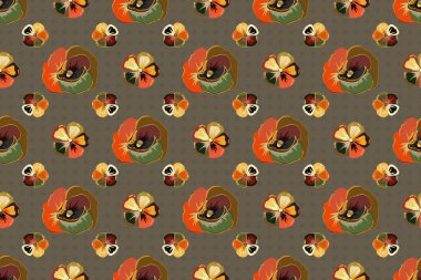 Turuncu, kahverengi ve sarı renkli gelincik çiçekli ipek eşarp. Sonbahar renkleri. Retro tekstil tasarım koleksiyonu. 1950-1960 motifleri. El çizimi çiçek elementleriyle soyut, dikişsiz raster deseni..