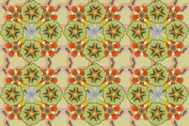 Kahverengi, turuncu ve bej renklerde mükemmel tasarım ambalaj kağıdı, tekrarlayan elementler, klasik tasarım, defter kapağı. Kusursuz raster desenli, doğal çiçek desenli..