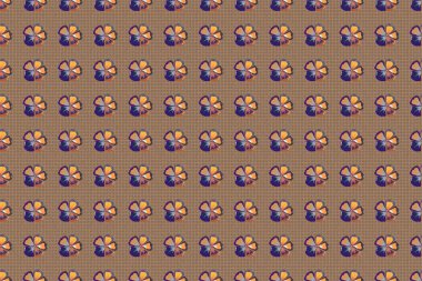 Kahverengi, turuncu ve mor renklerde, sevimli kozmos çiçekleriyle kusursuz raster deseni. Çiçek arka planı.