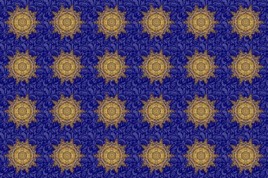 Orient, simetri danteli, kumaş. Altın rengi. Etnik doku. Düğün, tatil kartı. Mavi arka planda Arap mandala deseni var. Klasik raster dekoratif süs. Doğu, İslam, Hintli, motifler.