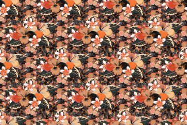 Gri, bej ve turuncu amfibik desenli. Raster dikişsiz desen ve suluboya şeklinde tropik çiçekler. Raster illüstrasyonu.