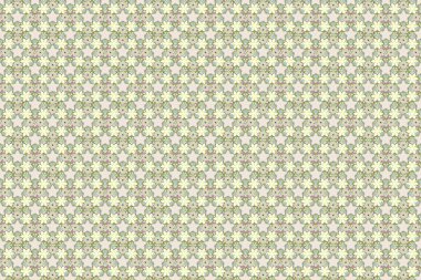 Raster illüstrasyonu. Küçük çiçekte şirin bir raster çiçeği deseni var. Yeşil, gri ve bej renklerde kusursuz el çizimi.