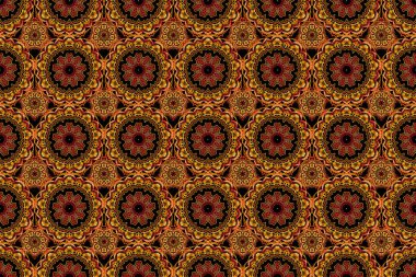 Raster illüstrasyonu. Damask 'ın kırmızı, sarı ve kahverengi renkleriyle kusursuz çiçek arkaplan deseni.