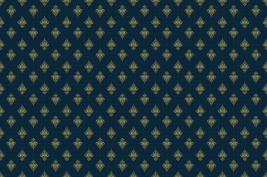 Soyut çiçekleri ve mavi arka planda yıldızları olan pürüzsüz bir desen. Yatak örtüsü, ceket, paket tasarımı, kumaş ve moda kavramları için doğu tekstil baskısı.