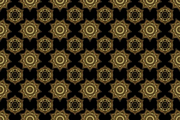 Geometric repeating raster ornament with golden elements. Seamless abstract modern pattern on a black backdrop. Black and golden seamless pattern.