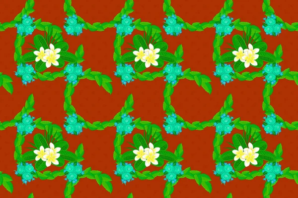 Cute raster plumeria flowers print. Raster illustration. Floral vintage seamless pattern in orange, green and blue colors.
