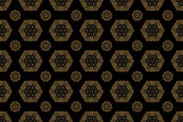 Seamless pattern with Luxury Ornament On a black Background. Raster illustration. Elegant Christmas Poster Template with Golden Elements.