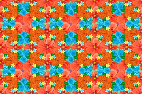청바지 래스터는 장미와 양식화 배경을 십시오 솔기없는 패턴을 주황색 파란색 — 스톡 사진