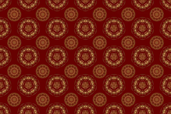 Raster Art Golden Mehndi Seamless Pattern Red Backdrop Traditional Indian — Stock Photo, Image