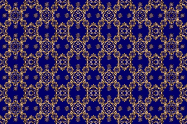 Vintage design in a blue and golden colors. Damask elegant wallpaper. Raster seamless pattern on a blue background.