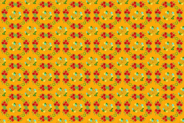 Нежный Цветочный Узор Зеленом Желтом Красном Цветах Растровые Цветы Розы — стоковое фото