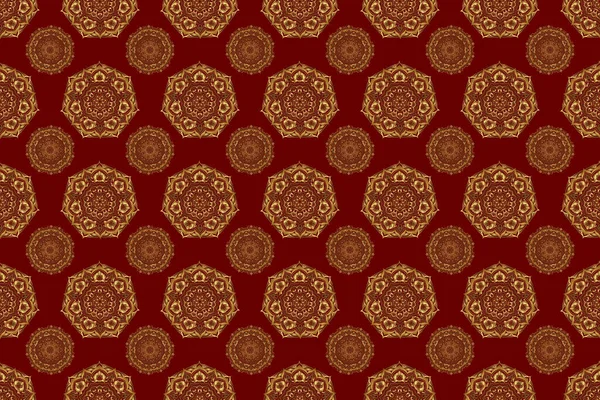 Red and golden pattern. Elegant raster classic golden seamless pattern. Seamless abstract background with golden repeating elements.