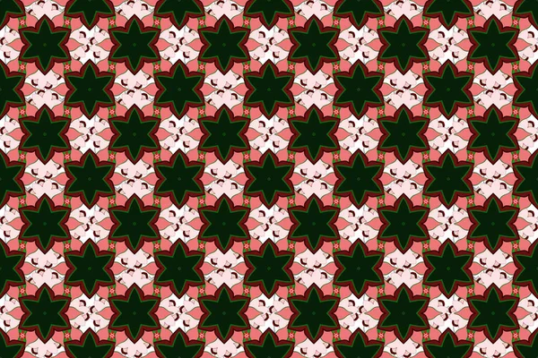 Raster green, red and pink texture, motley lines and grids seamless pattern, curved metal, foil background with 3D visual effects.