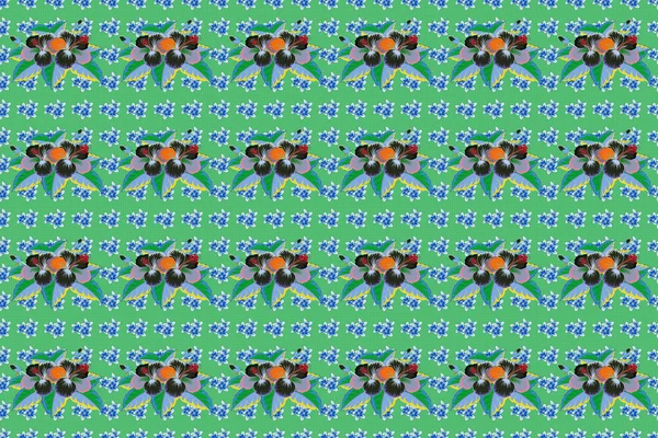 Гібіскус Растровий Безшовний Візерунок Безшовні Тропічні Квіти Зеленому Сірому Синьому — стокове фото