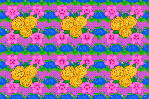 Raster Indian floral hibiscus, rose flowers and green leaves pattern. Ethnic towel, henna style. Can be used for greeting card background, fabric, textile. Seamless ornament print on violet background