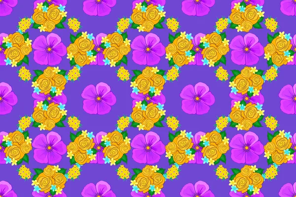 Raster Seamless Floral Pattern Cosmos Flowers Leaves Green Violet Yellow — Stock Photo, Image