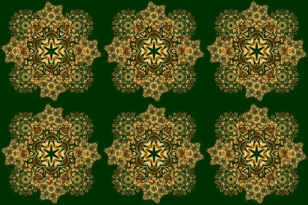 Colorful abstract background. Bright seamless pattern with raster geometric ornament in Christmas traditional colors (golden on green). Ethnic and tribal motifs. Ornamental vivid wallpaper.