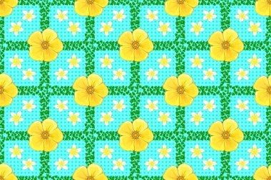 Soyut, dikişsiz çiçek arkaplanı. Raster, mavi arka planda bir sürü sarı kozmos ve beyaz frangipani çiçekli eskiz. El çizimi pürüzsüz çiçek çizimi.