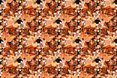 Grafiksel modern model. Bej, kahverengi ve turuncu renklerde kusursuz soyut çiçek deseni. Amfibik çiçekli kusursuz desen. Geometrik yaprak süsü.