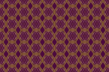 Altın elementli geometrik süs. Kusursuz geometrik desen. Altın doku. Mor arka planda altın gradyanı olan pürüzsüz bir desen. Soyut geometrik çizim.