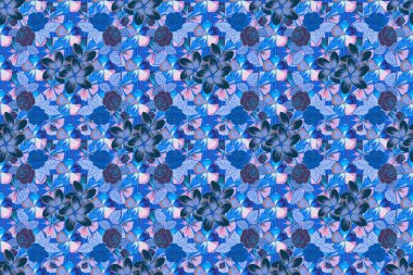 Raster plumeria çiçeği mor ve mavi renklerde kusursuz desen.