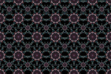 Ikat damaske desensiz arkaplan fayansı morumsu ve turuncu renklerde siyah arkaplan.