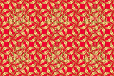 Kırmızı arka planda altın süslemeli Raster eskizi. Altın pürüzsüz desen.