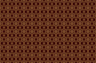 Kahverengi bir zeminde kusursuz altın elementler deseni. Kutlama kartlarını süslemek için alet çantası. Kahverengi arka planda altın parıltılı süsler ve parlak ışıklar..