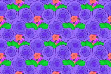 Raster illüstrasyonu. Soyut gül çiçekleri ve gri arka planda yeşil yapraklarla sulu boya deseni olan romantik, pürüzsüz bir şablon. Geçmiş, tekstil, ambalaj kağıtları, tebrik kartları için..