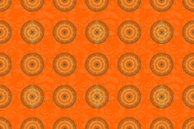 Turuncu bir zeminde altın dairesel mandala, yıldızlar ve kar taneleri ile geleneksel süs arkaplanının pürüzsüz deseni..