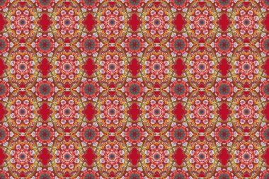 Düşük polyester çok renkli desen çizimi. Kırmızı arka planda çok renkli, dikişsiz bir model. Soyut raster çok renkli dokusu.