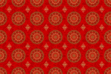 Geometrik tekrarlayan, altıgen şekilli, kırmızı arka planda altın gradyanı olan kusursuz desen. Raster illüstrasyonu.