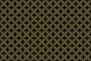 Siyah arka planda altın şebeke olan kusursuz bir desen. Raster kare kompozisyonu ve altın antika süsü..