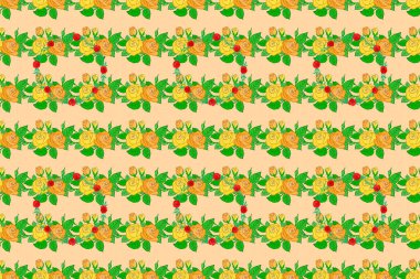 Sulu gül çiçekli ve bej arkaplanlı yeşil yapraklı moda baskı. Dekorasyon ve tasarım için güzel, pürüzsüz bir desen. Eski tarz güllerle enfes bir desen..