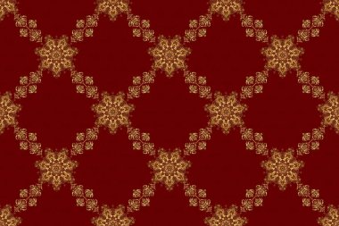 Soyut çiçekleri ve kırmızı arka planda yıldızları olan pürüzsüz bir şebeke. Yatak örtüsü, ceket, paket tasarımı, kumaş ve moda kavramları için doğu tekstil baskısı.